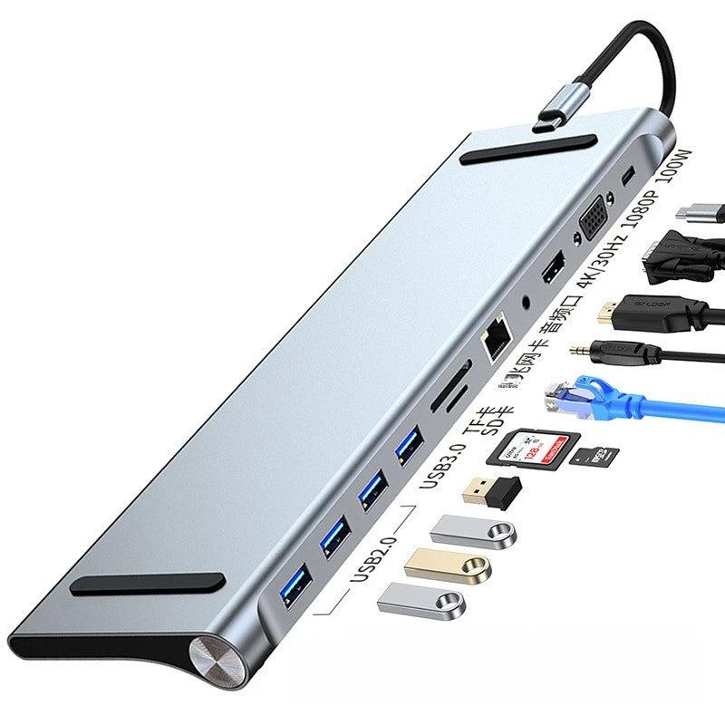 10/11/12-in-1 Docking Station Laptop Stand Audio USB Type-C 4K HDMI 100W PD SD/TF Display Port For Macbook PC Computer Hub