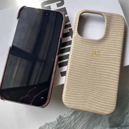 Personalise Gold Initials Letters Leather Cases For iPhone 17 Pro Max 16 Pro 15 14 13 Pro Max Luxury Lizard PU Hard Cover