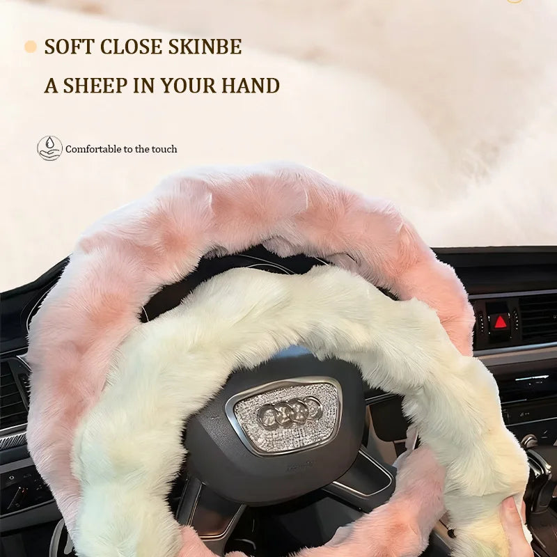 Plush Car Steering Wheel Cover Winter Universal Soft Fluffy Handbrake Shift Cover Auto Interior Accessories for Men Women Warm