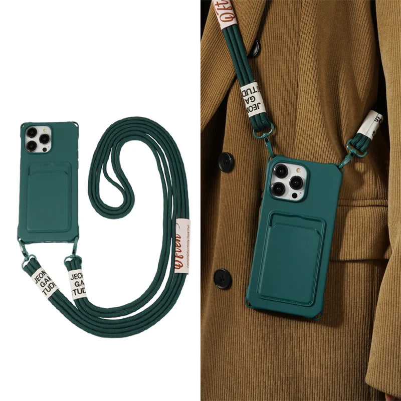 Strap Case For iPhone 17 Pro Max 16 15 14 12 11 13 Mini Plus Air Shockproof Silicone Card Slot Crossbody Necklace Lanyard Cover