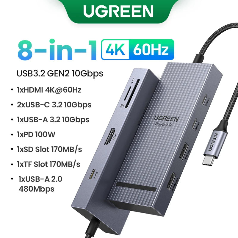 UGREEN USB C HUB 10-in-1 4K60Hz HDMI USB3.2 10Gbps PD100W RJ45 USB Splitter Dock for Laptop MacBook iPad Phone Docking Station