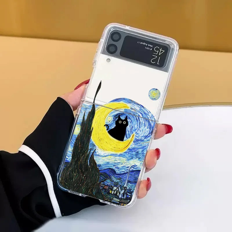 Retro Painting Van-Gogh Black Cat Case for Samsung Galaxy Z Flip 6 ZFlip7 Transaprent Cover for Samsung ZFlip 8 5 4 3 Fundas