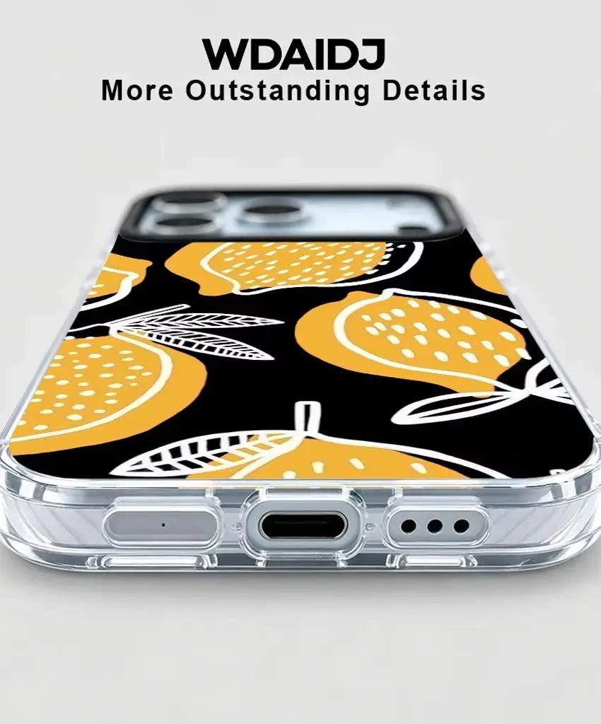 Hand Drawn Yellow Lemon Sketch Phone Case Black Base Citrus Art For iPhone 13 14 15 16 17