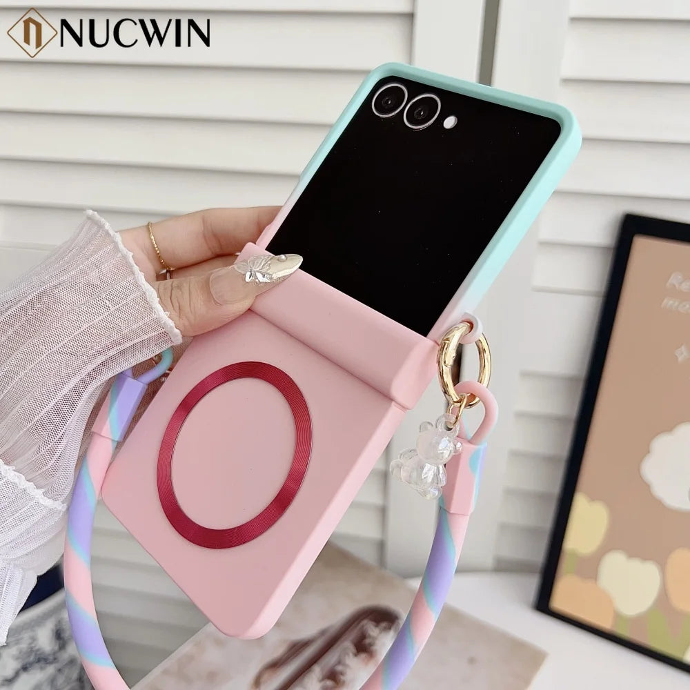 Skin Feeling Wireless Magnetic Lanyard Phone Case For Samsung Galaxy Z Flip 3 4 5 6 7 8 Macaron Gradient Cord PC Hard Shell