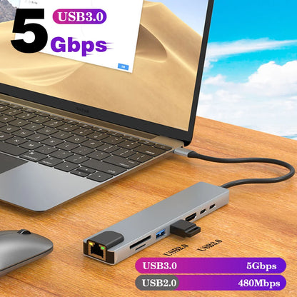 RJ45 100M/1000Mbps Ethernet to USB C Adapter Docking Station USB Type C to HDMI HUB 4K 30HZ Headphone PD 100W USB3 Extencion
