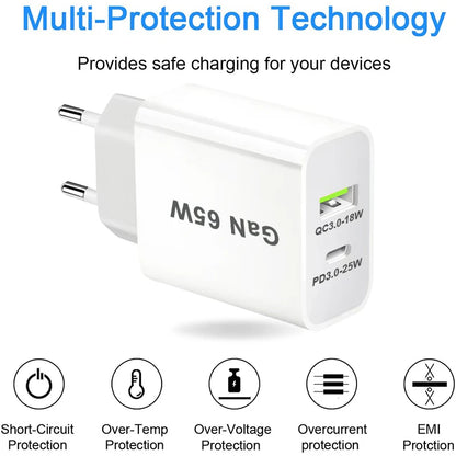 UK/AU/EU/US USB C Charger 65W PD 3.0 GaN Charger Type C Power Adapter With 2-Port Fast Wall Charger Compatible for iPhone 13 USB