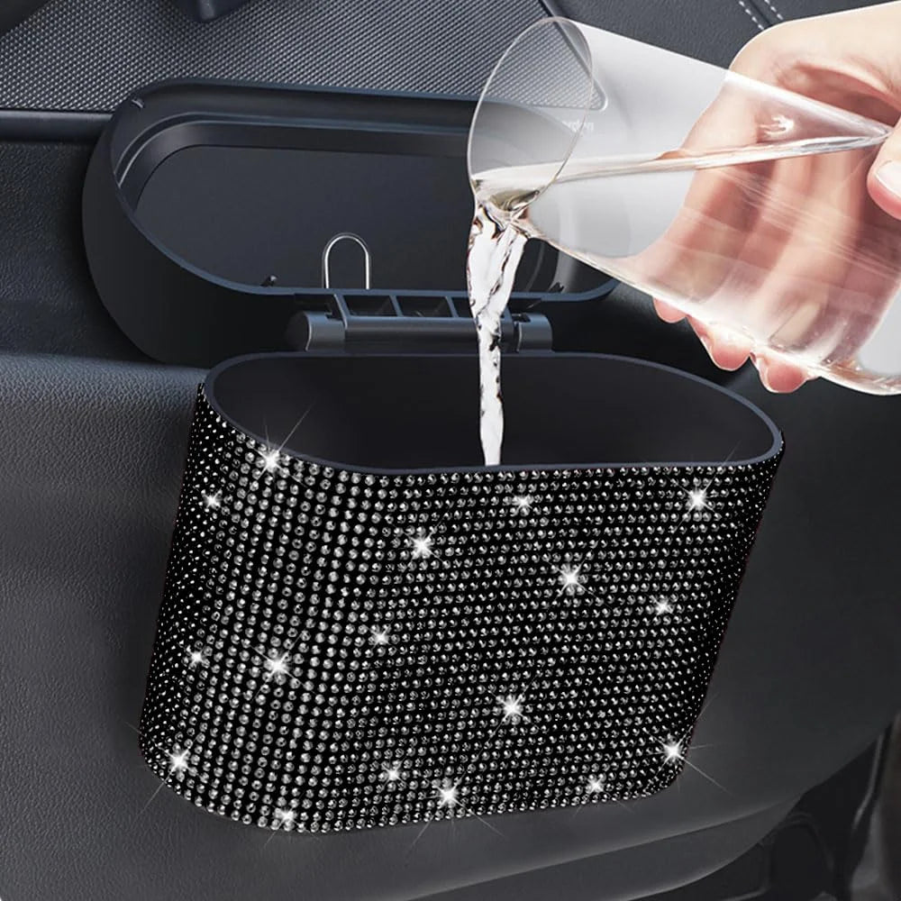 Artificial Rhinestone-Embellished Car Trash Can with 60 Dedicated Trash Bags, Car Interior Hanging Storage Box with Automatic Lid, Multifunctional Car Accessory