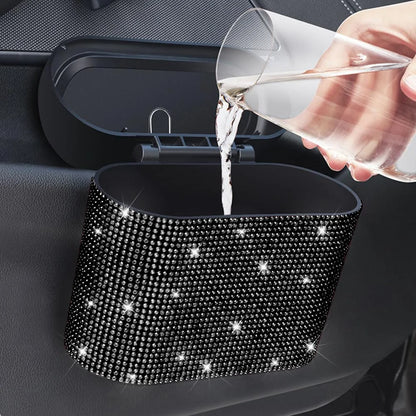 Artificial Rhinestone-Embellished Car Trash Can with 60 Dedicated Trash Bags, Car Interior Hanging Storage Box with Automatic Lid, Multifunctional Car Accessory