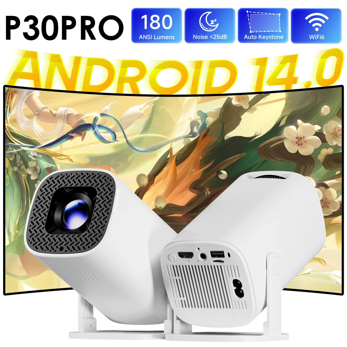 HONGTOP P30PRO Smart Mini Projector 4K 1280x720P Resolution Android 14 WiFi6 BT 5.0 Smart Home Cinema Outdoor Portable Projector