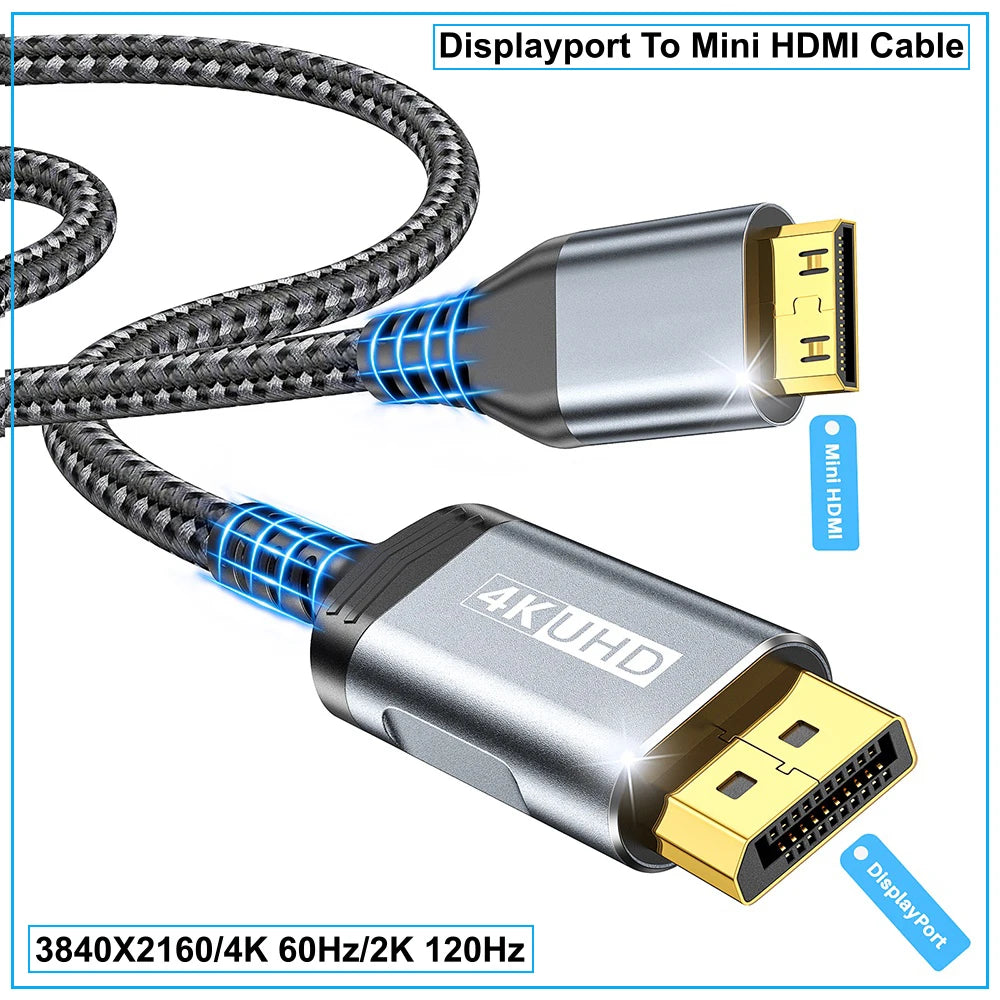 DisplayPort To Mini HDMI Cable 3840*2160 Video UHD 4K@60Hz 2K@120Hz For Desktop Laptop Portable Monitor Projector Mini PC