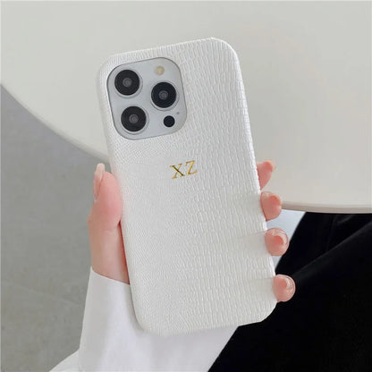 Personalise Gold Initials Letters Leather Cases For iPhone 17 Pro Max 16 Pro 15 14 13 Pro Max Luxury Lizard PU Hard Cover