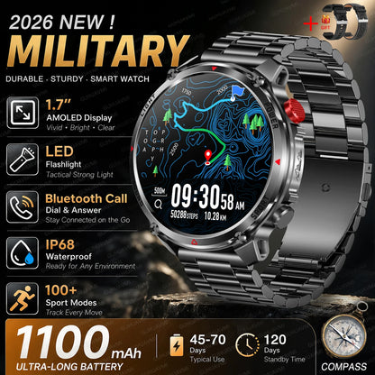 New Men Outdoor Military 1100mAh Large Battery Smart Watch Compass GPS Track IP68 Waterproof LED Flashlight BT Call Smartwatch