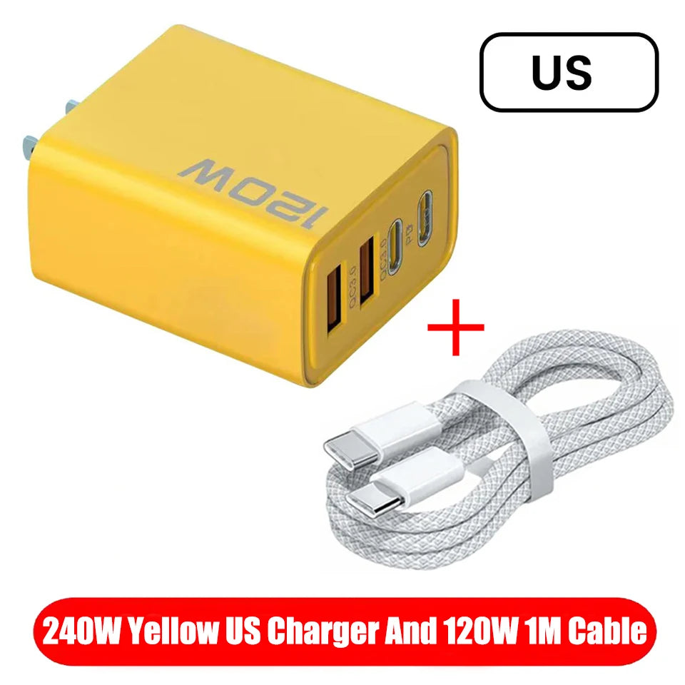 120W 4 Ports USB Charger Fast Charge Phone Charger Adapter Type C Cable For iPhone Samsung Xiaomi EU/US/UK Plug Wall Charger