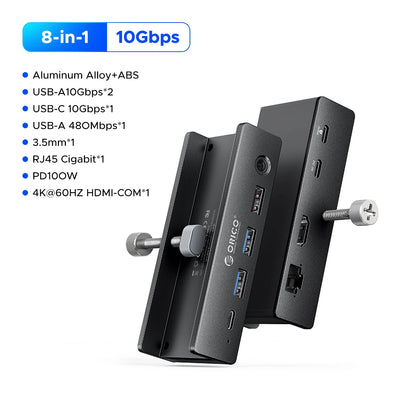 ORICO Aluminum 8 in 1 USB Clip Hub Support External Power Supply for High Speed 10GBPS Data Transmission on MAC OS PC