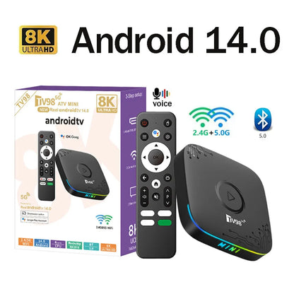 TV Stick TV98 ATV Mini Android 14.0 Quad Core 2G 16G Support 8K 4K HDR10+ 4G 5G Dual Wifi BT5.0 Media Player Voice Remote Smart