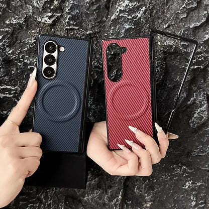 High End Carbon Fiber PU Hinge For MagSafe Phone Case For Samsung Galaxy Z Fold 8 Ultra 7 6 5 4 Magnetic Wireless Charging Cover
