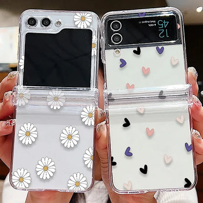 Transparent Love Flower Phone Case For Samsung Galaxy Z Flip8 Flip7 FE Flip 8 7 6 5 4 3 5G Flip5 Flip6 Shockproof Hard PC Cover