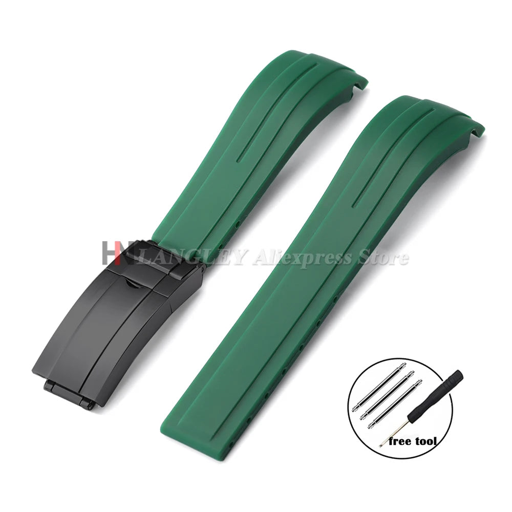 Curved Rubber Watch Bracelet 20mm 21mm 22mm for Rolex Green Water Ghost for Oysterflex Waterproof Silicone Folding Buckle Straps
