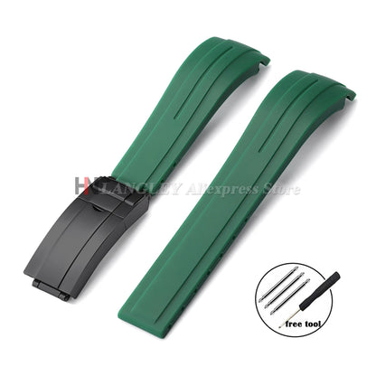 Curved Rubber Watch Bracelet 20mm 21mm 22mm for Rolex Green Water Ghost for Oysterflex Waterproof Silicone Folding Buckle Straps