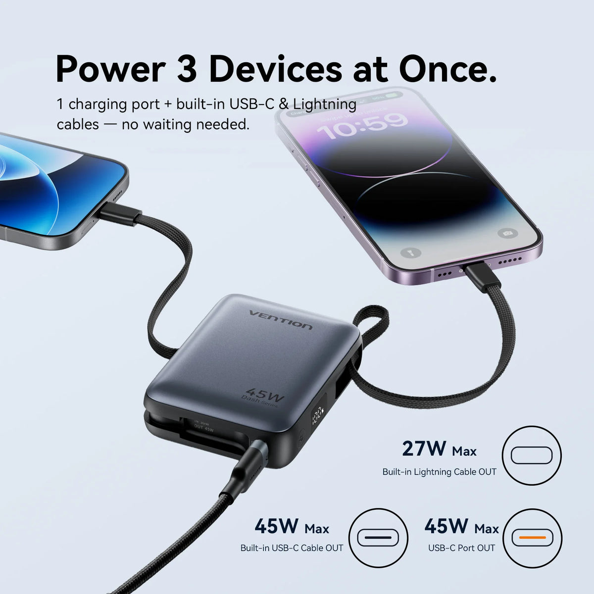 Vention 45W 10000mAh Power Bank Built-In USB-C Cable Portable Powerbank for iPhone 17 Samsung S26 Pocket-Sized Auxiliary Battery