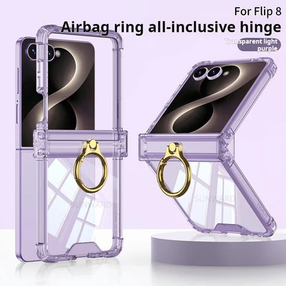Luxury Airbag Hinge Protection Ring Holder Phone Case For Samsung Galaxy Z Flip 8 7 6 5 Z Flip7 FE Flip 8 Clear Shockproof Cover