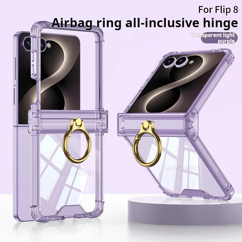 Luxury Airbag Hinge Protection Ring Holder Phone Case For Samsung Galaxy Z Flip 8 7 6 5 Z Flip7 FE Flip 8 Clear Shockproof Cover