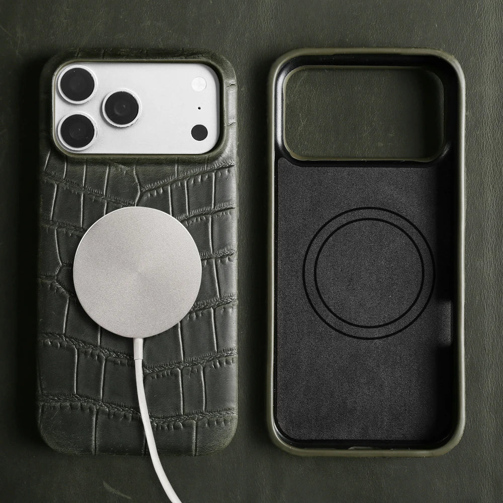 For Magsafe Case For iphone 16 15 17 Pro Max Air 17e 16e 14 Plus 13 12 Mini 11 Crazy Horse Crocodile Genuine Leather Back Cover