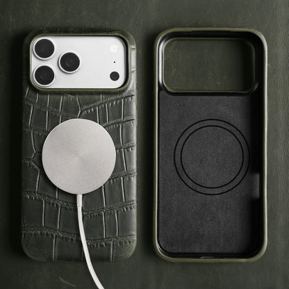 For Magsafe Case For iphone 16 15 17 Pro Max Air 17e 16e 14 Plus 13 12 Mini 11 Crazy Horse Crocodile Genuine Leather Back Cover