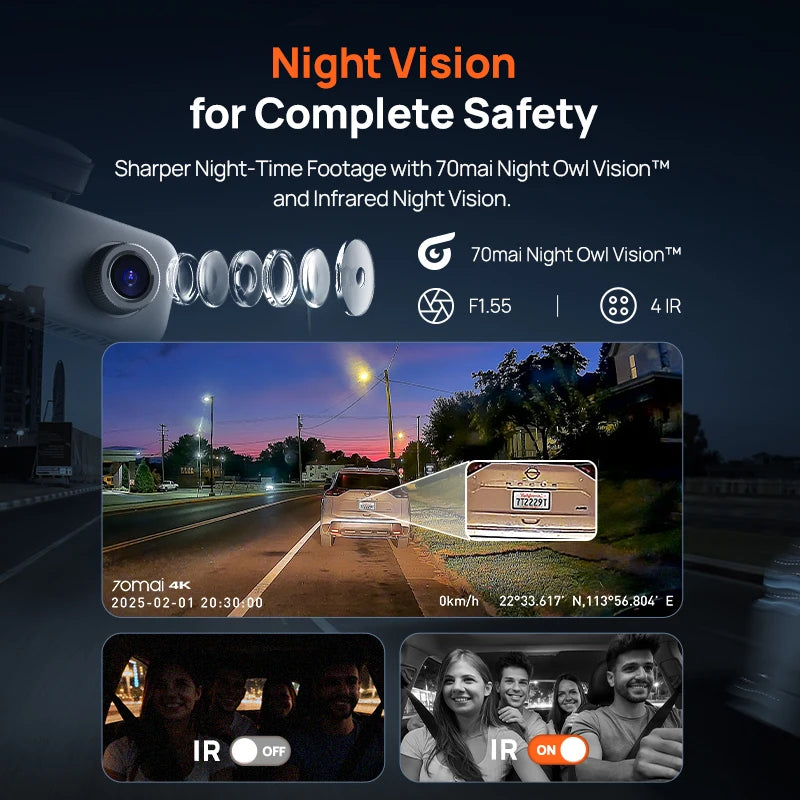 70mai T800E 3-Channel Dash Camera 4K+1080P Triple View HDR Supercapacitor GPS WiFi 6 70mai T800E Car DVR Voice Control