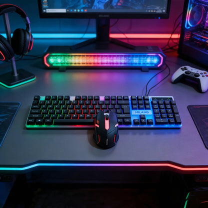 1pcsRGB Backlit Gaming Keyboard and Mouse Set, Wired 104-Key Mechanical-Feel Keyboard with LED Lighting, Ergonomic High-Precision Gaming Mouse, Plug-and-Play Keyboard and Mouse Combo for PC Gaming, Office Desk Accessories, Ho
