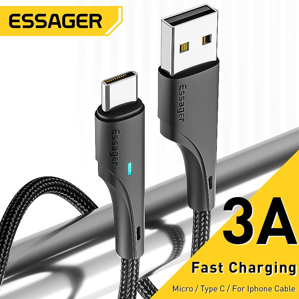 Essager 3A USB Type C Cable Fast Charging Micro USB Cable For Xiaomi Realme Redmi Oneplus Huawei Iphone Wire for Mobile Phones