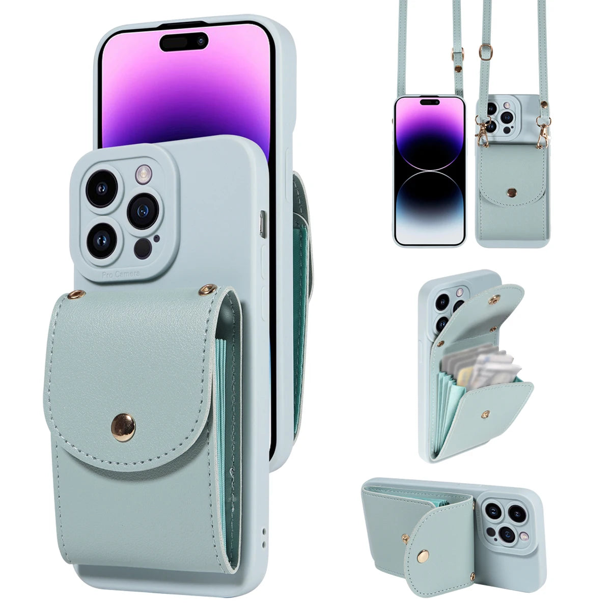 faux Leather Phone Case for IPhone17 16 15 14 13 12 11Pro Max PlusMini E Air All inclusive Lens Protection with Lanyard Card Bag
