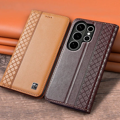 Flip Case For SAMSUNG Galaxy S26 S25 S24 S23 Ultra Plus FE 5G Genuine Leather Magnetic Cover Cowhide Grid Pattern Wallet Cases