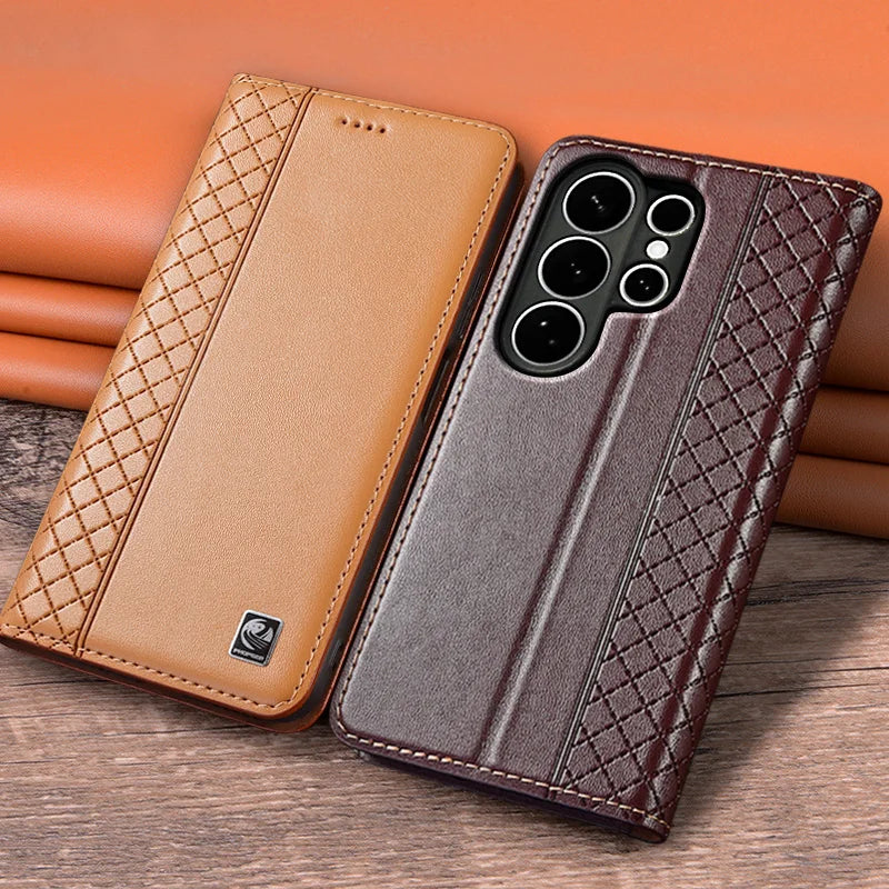 Flip Case For SAMSUNG Galaxy S26 S25 S24 S23 Ultra Plus FE 5G Genuine Leather Magnetic Cover Cowhide Grid Pattern Wallet Cases