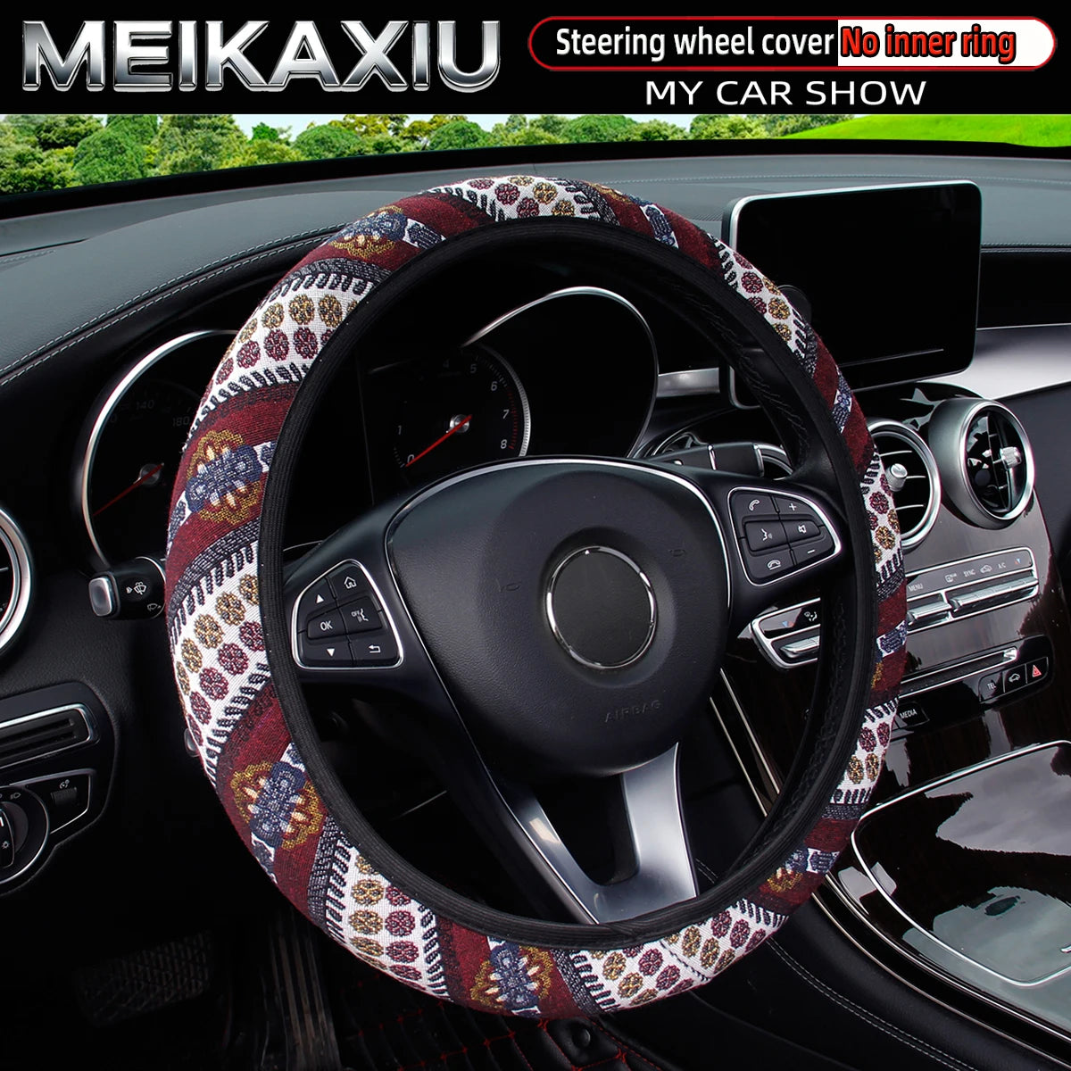 38CM Ethnic Bohemian Style Fabric Car Steering Wheel Cover All-Season Use No Inner Ring Automotive Decoration Accessory