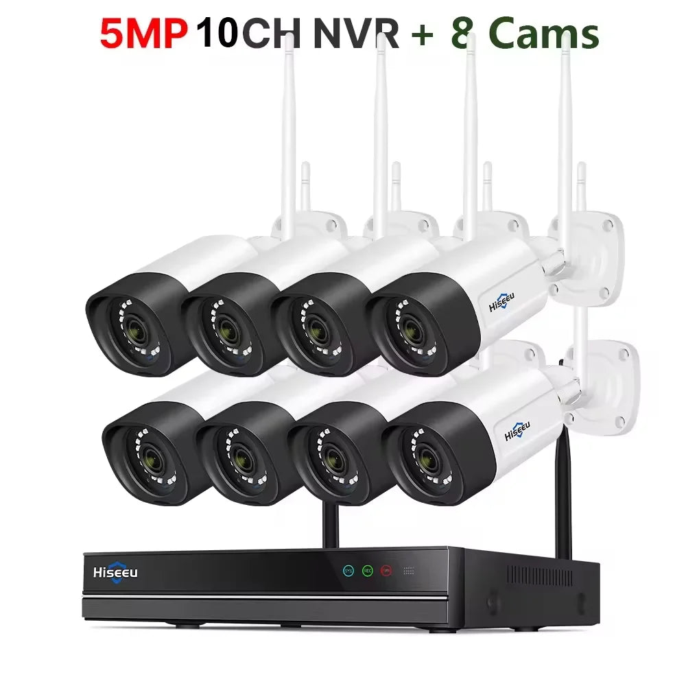 Hiseeu 5MP Wifi Surveillance Camera System Color Night Vision P2P Wireless Street Security CCTV Camera Kit 10CH Wireless NVR Set