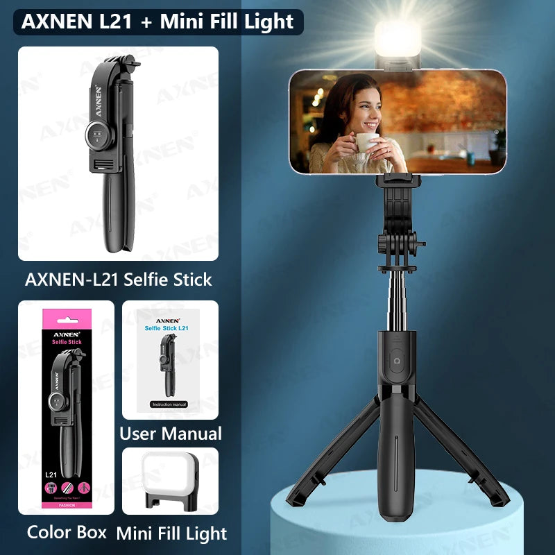 AXNEN L21 Phone Selfie Stick Cellphone Tripod with Extension Rod Bluetooth Remote Control for Android IOS Smartphone Shoot Vlog
