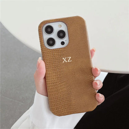 Personalise Gold Silver Initials Letters Leather Case For iphone 15 14 13 16 17 18Pro Max 14 16 Plus Luxury Lizard PU Hard Cover