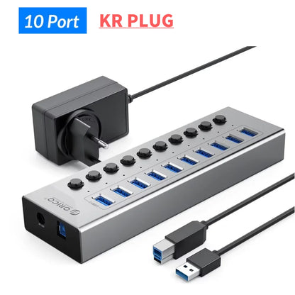 ORICO USB 3.0 HUB 7/10 -Port Aluminum USB Splitter On/Off Switch 12V Power Adapter Support Charging for Computer USB Docking