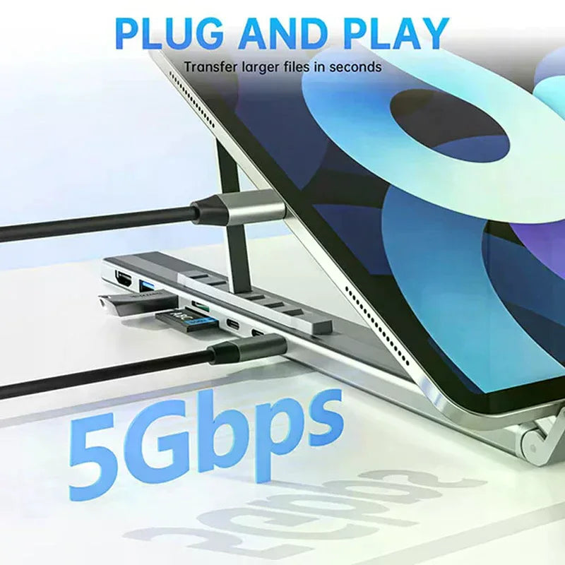 8-in-1 USB-C Laptop Stand With Docking Station Universal USB C Dock Tablet Stand Foldable Type-C Hubs Adapter Plug Play