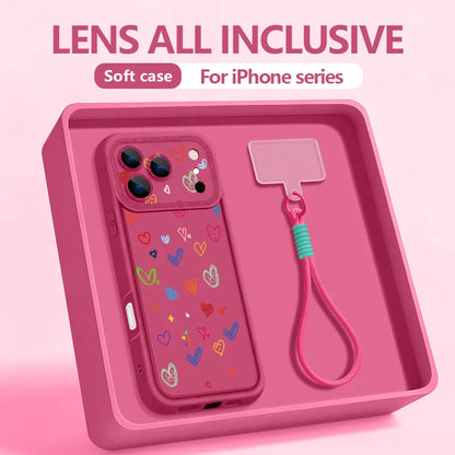 Colorful Heart Printed With Strap Phone Case For iPhone 17 Pro Max 17e 16e 16 15 14 Pro Max 13 12 Pro Shockproof Soft TPU Cover