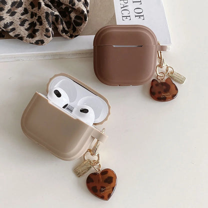 Silicone Earphone Case with Leopard Heart Cat Keyring For AirPods 5 2 3 Pro 2 Pro2 4 ANC Milk Tea Color Headset Protective Cover