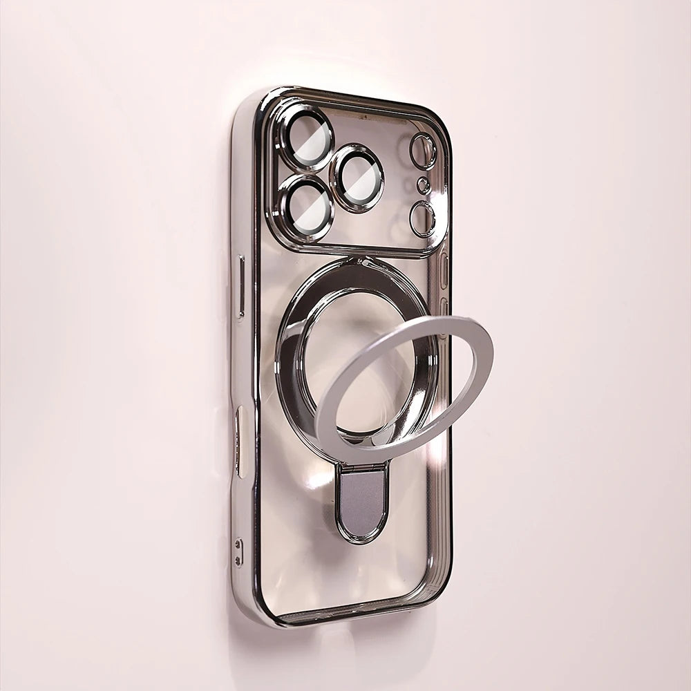 Luxury Plating Magnetic Bracket Phone Case For iPhone 17 16 15 14 13 Pro Max 17Pro Cases For Magsafe Stand Holder Clear Cover