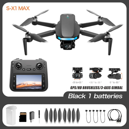 S-X1 MAX 4K Professional Drone With HD Camera 3-Axis Gimbal GPS Dron Brushless 5G WIFI Screen Remote Control RC Quadcopter Toys