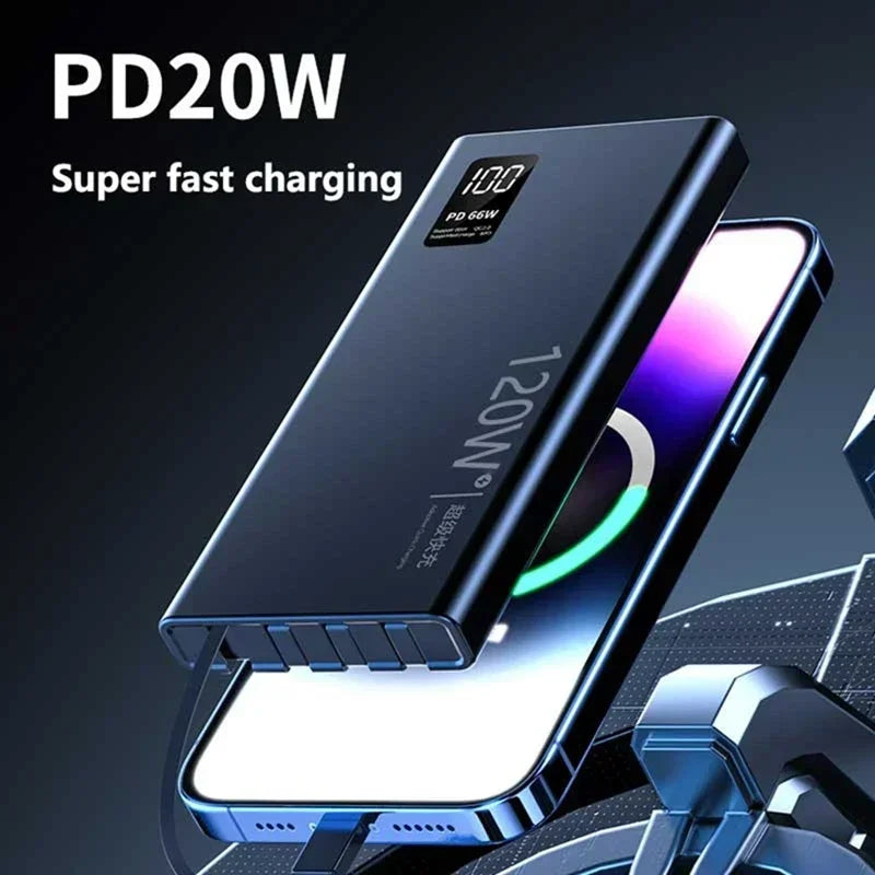 VIVO 120W 500000mAh Power Bank Built in 4 Cables Large Capacity Fast Charging Portable External Battery for iPhone Samsung New