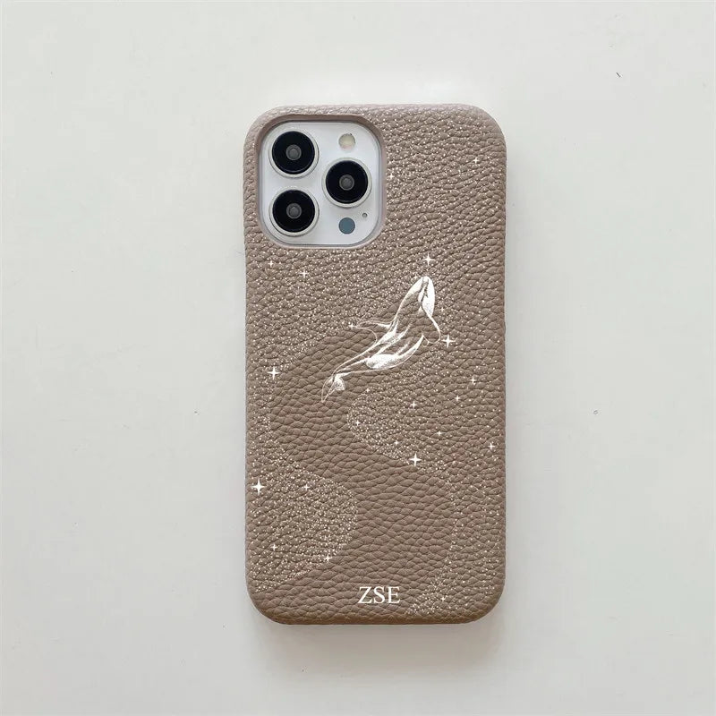 Personalised Letters Pebble Grain Leather Stars Whale Casesfor iphone 17 12 14 13 15 16 Pro Max 17 air 14Plus Luxury Hard Covers