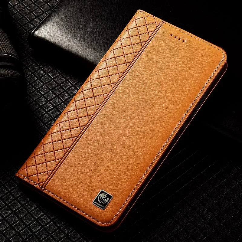 For APPLE iPhone 17 16 16E 15 14 Pro Max Air Plus Flip Case Grid Pattern Magnetic Cover Cowhide Genuine Leather Wallet Covers