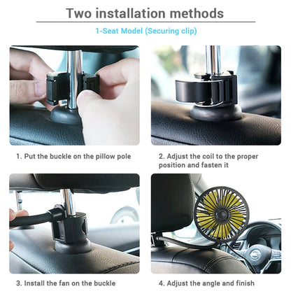 SEAMETAL Car Electric Fan Strong Wind 3-Speed Cooling Fan for Rear Seat Passenger Portable 360 Degree Rotatable Car Air Fan