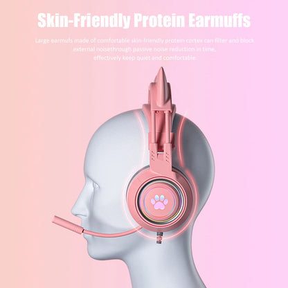Cute Cat Ear Gaming Headphones with Mic Noise Reduced RGB Pink Girls Headset Gamer Accessories for PS4 Xbox Phone PC Kid Gift