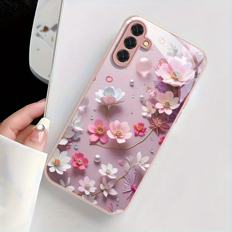 Hard Glass Flowers Case For Samsung S26 S25 Ultra S24 S23 Plus S21 FE S22 A57 A56 5G A55 A54 A36 A53 A52S A17 A34 A51 Case Cover